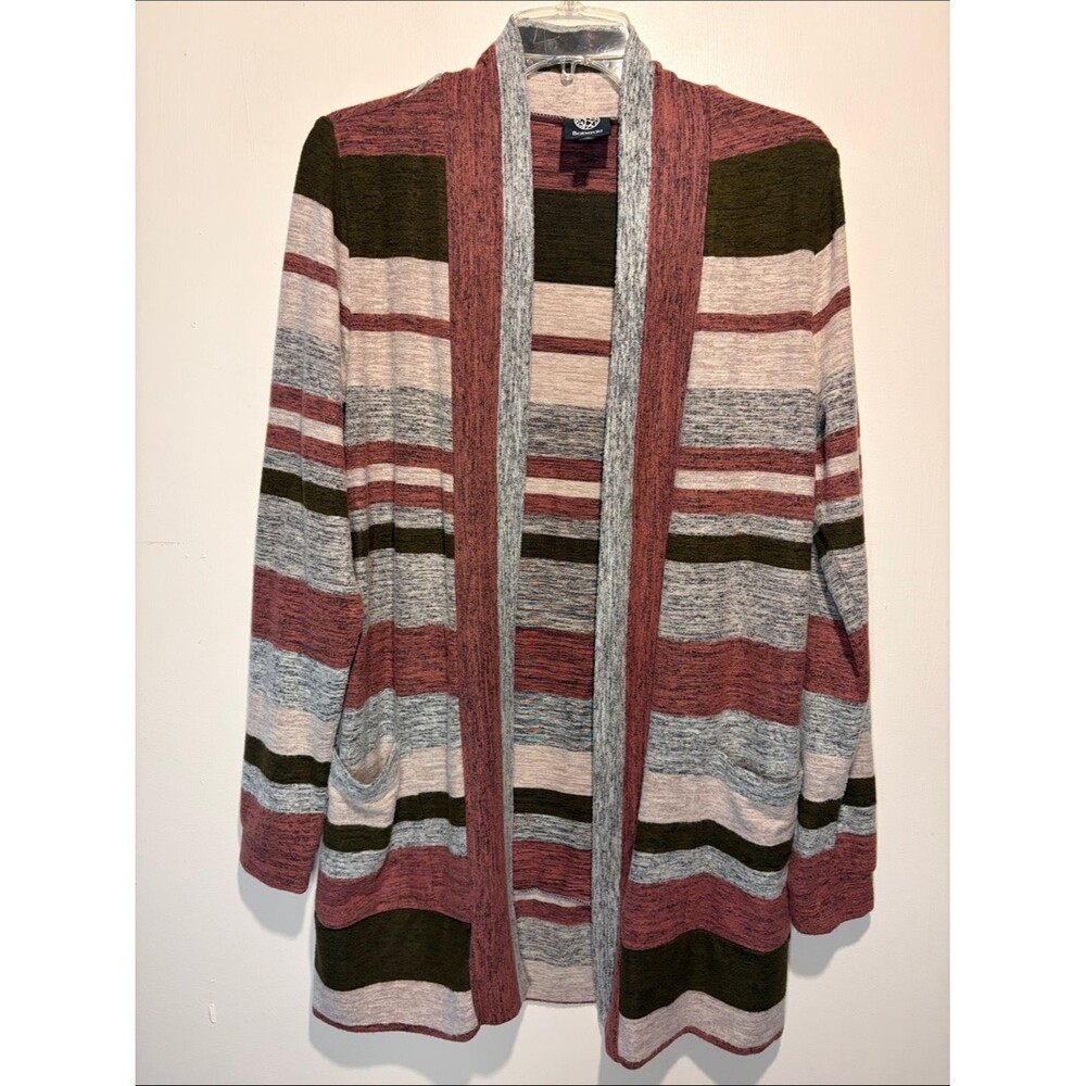 Bobeau Neutral Stripes Open Front Patch Pockets Long Sleeve Cardigan Size M